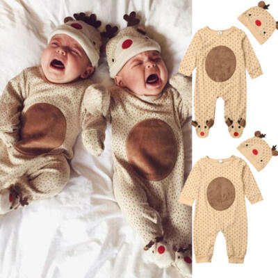 

US Newborn Baby Boy Girl Christmas Clothes Cute Deer Romper JumpsuitHat Outfits