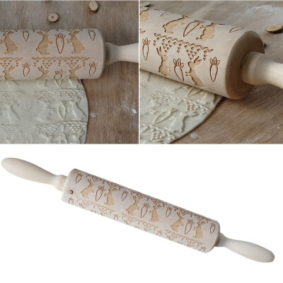 

Toponeto Easter Rolling Pin Engraved Carved Wood Embossed Rolling Pin Kitchen Tool