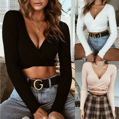 

Fashion Women Casual Tank Crop Tops Vest Blouse Deep V-Neck Long Sleeve T-Shirt