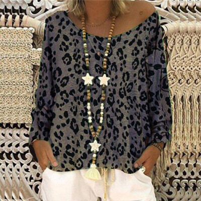 

Womens Leopard Printed Long Sleeve Blouse Baggy Long Tops T Shirts Plus Size