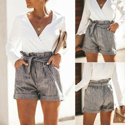 

Women Casual Shorts Trouser Drawstring High Waist Striped Hot Pants