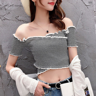 

Womens Slash Neck Solid Short Sleeve Knitted Ruffles T-Shirt
