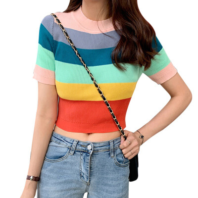 

Women Striped Crop Top Summer Short Sleeve O Neck Korean Slim Knitted T-shirt