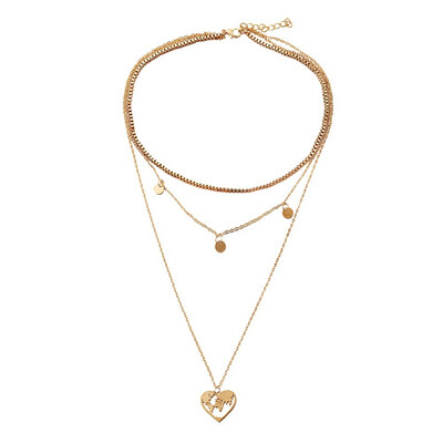 

Women Sexy Retro Heart Shaped Hollow World Map Pendant Multi-Layer Necklace Girl Charm Gift Set Summer Beach Accessories