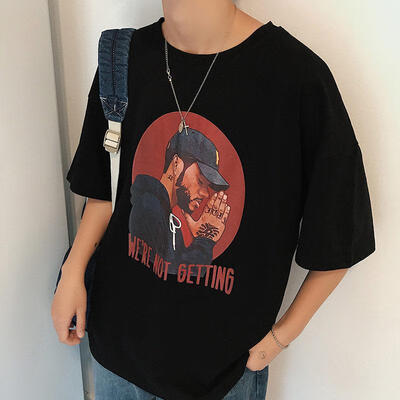 

Summer New Five-point Sleeve Loose Hong Kong Half-sleeved T-shirt Round Neck Youth Seven-point Sleeves Mens Direct Whol