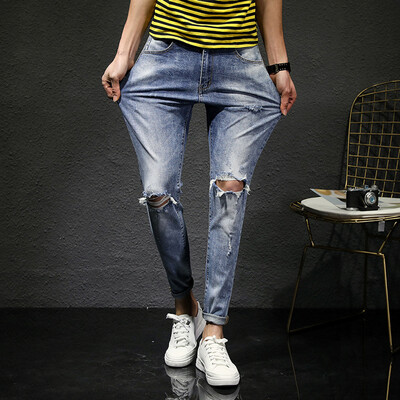 

Gobestart Mens New Fashion Casual Denim Straight Hole Slim Fit Trouser Jeans Long Pant