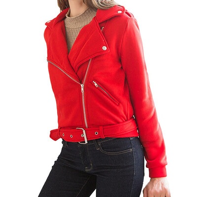 

2019 Autumn Winter Women Fashion Oblique zipper Lapel Long sleeve Solid color Motorcycle jacket Coat