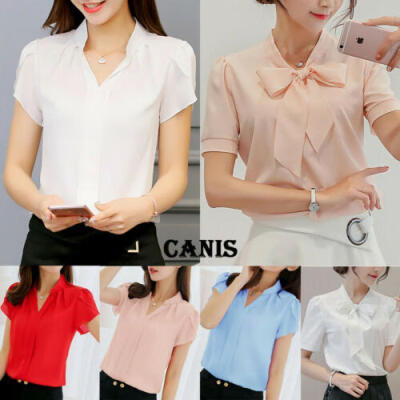 

Women Ladies Formal Short Sleeve V-neck Tops T Shirt Plain Casual Button Blouse