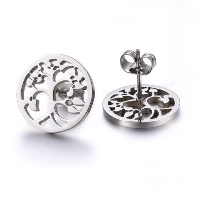 

304 Stainless Steel Stud Earrings Flat Round with Tree of Life Stainless Steel Color 15x12mm Pin 08mm