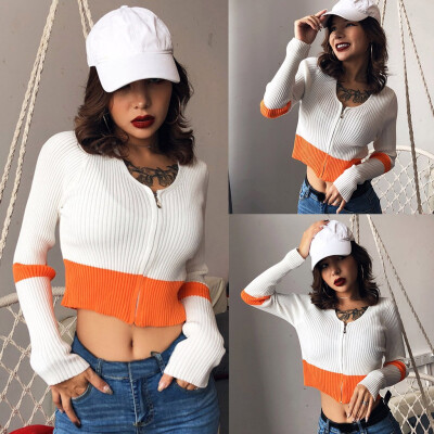 

Toponeto Women Autumn Long Sleeve Color Splicing Zipper Knitting Pullover Short Blouse