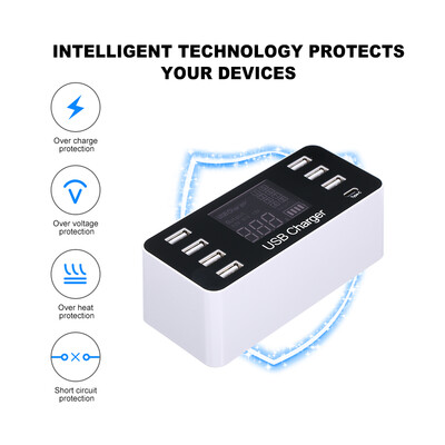 

8-Port USB Charger LCD Display Power Adapter with Type-C Port Multi-functional Charger Station for Home Office&Travel