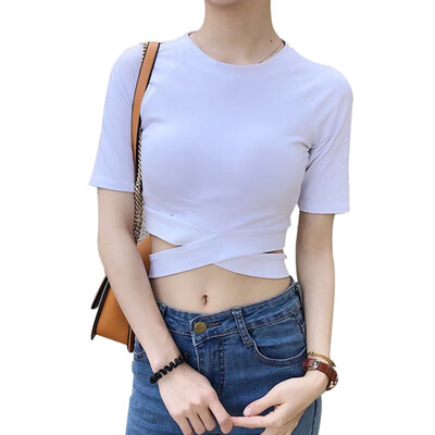 

Summer Tops Women O Neck Bandage Cross T Shirts Korean Female Slim Casual Crop Tops Women Solid T Shirt