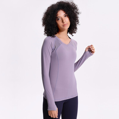

Quick Dry Training Gym Sport Long Sleeve Shirts Women V-Collar Slim Fit Fitness Jogger Blouse Tops with Thumb Holes