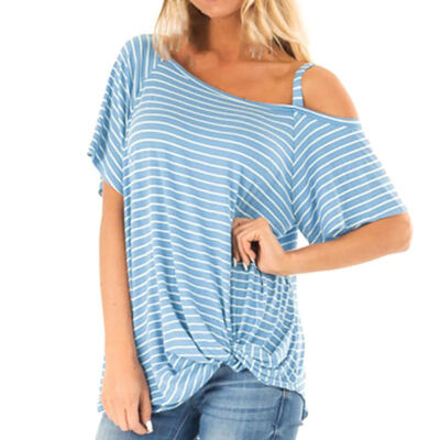 

Womens Summer Casual Fashion Skew Collar Striped Short Sleeve Strap Loose Pullover T-Shirt