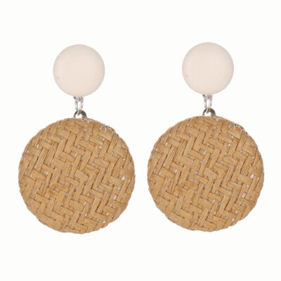 

Boho Women Geometric Round Button Woven Straw Dangle Stud Earrings Jewelry