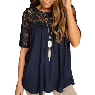 

Summer Short-sleeved Openwork Design Blouse Fashion Solid Color Lace Stitching Blouse