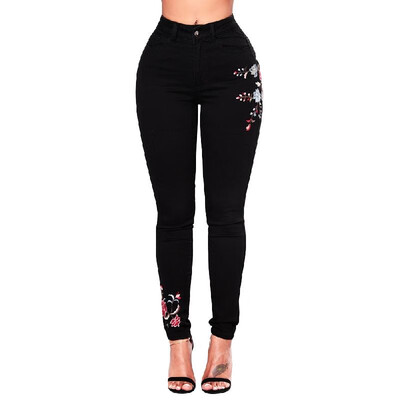 

Vintage Women Embroidered Stretch Jeans High Waist Button Zipper Pockets Skinny Pencil Denim Pants Black