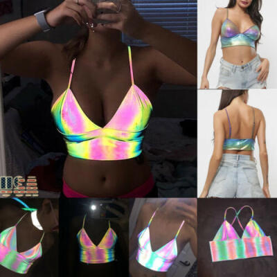 

Hot Womens Reflective Buckles Festival Bralette Bra Bustier Crop Tops Camisole