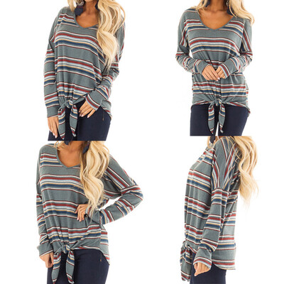

Nomeni Women Fashion Striped Long Sleeve V Neck Bandage Top Blouse
