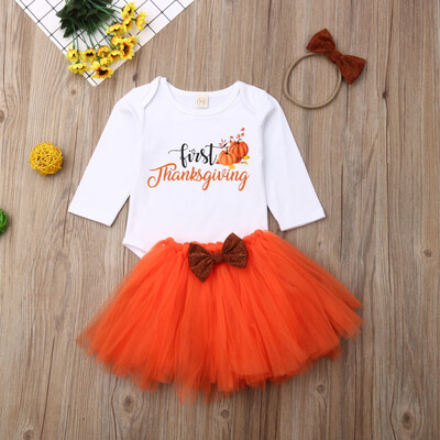 

Thanksgiving Newborn Baby Girl Clothes Romper BodysuitTutu Dress 3PCS Outfit
