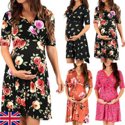 

Pregnant Women Wrap V Neck Maxi Dress Party Evening Plain Floral Maternity Dress