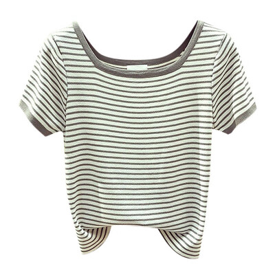 

Women Striped Print Square Collar Loose Tshirt Tops Summer Loose Casual Short Sleeve Simple Knit Wild T-Shirt