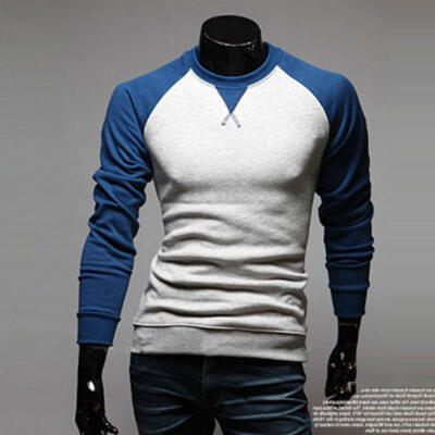 

Patchwork Color Round Neck Long Sleeve Pullover Mens T-Shirt Casual Color Stitching Male Tee Top