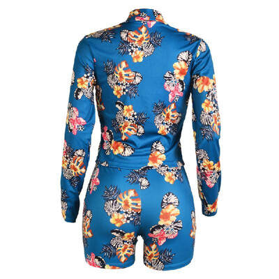 

Fashion Women Floral Printed Blazer Set Long Sleeve Two Piece Track Suits Tops Short Pants Blue