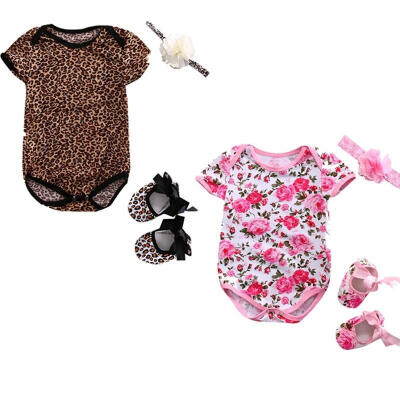 

3PCS Set Newborn Baby Boy Girl Clothes Summer Short Sleeve Leopard Floral Romper Bodysuit Headband Shoes Outfits