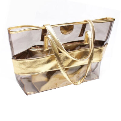 

2PcsSet Women Patent Leather Patchwork Transparent Tote Handbag Clutch Bag