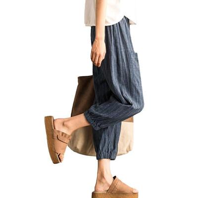

Fashion Women Stripe Ankle-length Harem Pants High Waist Loose Casual Trousers Streetwear Blue
