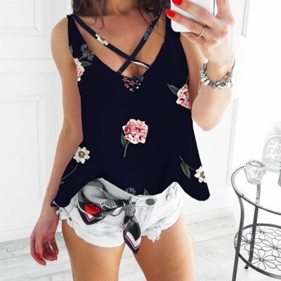 

Nomeni Womens Ladies Fashion Print Flower V Neck Sleeveless Blouse Top Vest