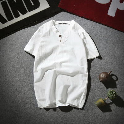 

Linen Big V-Neck Male T-Shirt Japanese Style Solid Color Mens Casual Short-Sleeve T-shirt