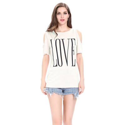 

LOVE Letter Print Off Shoulder Short Sleeves O-neck Casual T-shirt Female Summer Loose Women Tops WhiteBlackGrayPink