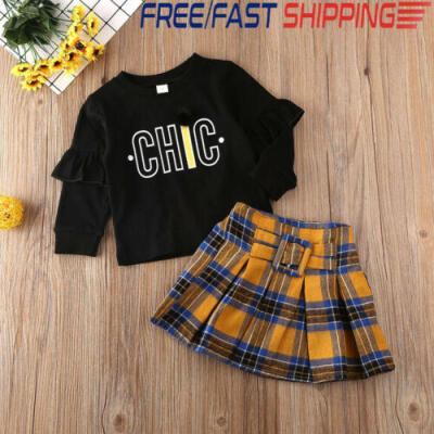 

Yellow Plaid Toddler Kid Baby Girl Outfit Clothes T-Shirt Dress Tutu Skirt Set