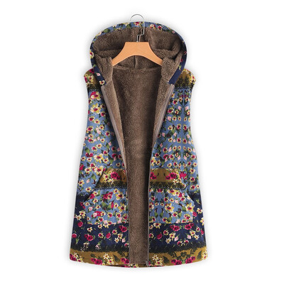 

Toponeto Women Winter Warm Outwear Floral Print Hooded Pockets Vintage Oversize Coat Vest