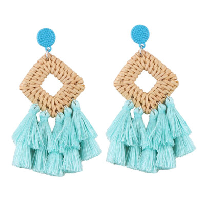 

Boho Women Hollow Rhombus Rattan Woven Tassel Statement Dangle Stud Earrings