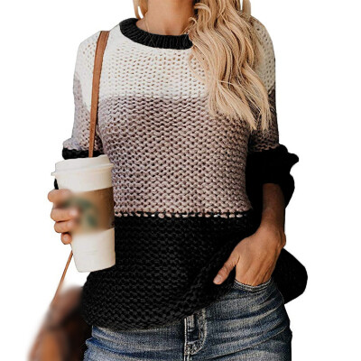 

Womens Knit Long Sleeve Color Block Ladies Winter Crew Neck Sweater Jumpers Tops