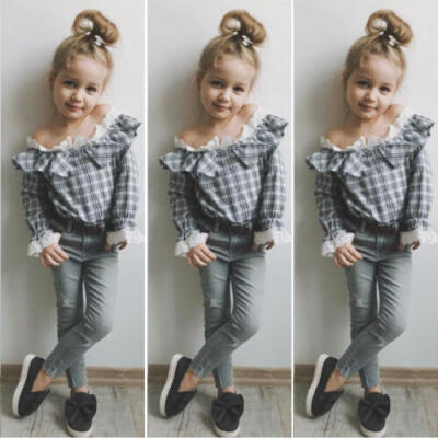 

2PCS Toddler Kids Baby Girls Lace Plaids Shirt Tops Jeans Pants Outfits Clothes