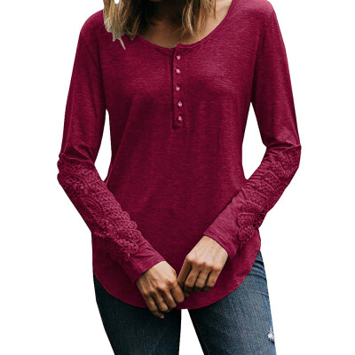 

Nomeni Womens Long Sleeve T Shirts Lace Patchwork Button Loose Shirts Tops Blouse BKL