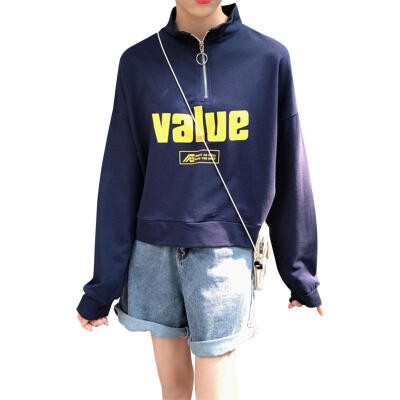 

Fashion Women Zipper Print Long Sleeve Half High Collar Autumn Sweatshirt