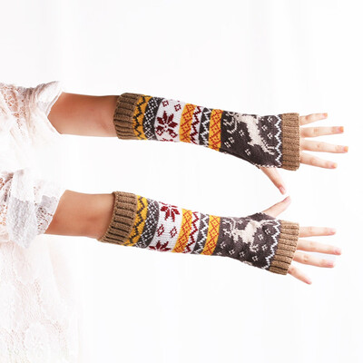 

New Fingerless Knitted Gloves Winter Warm Long Arm Warmer Mittens Xmas Deers