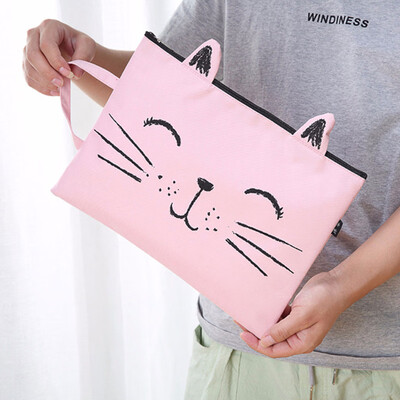 

Toponeto Cute Cat Mustache Zipper Canvas A4 File Bag Student Storage Bag