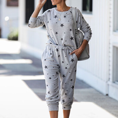 

Tailored 2Pcs Women Tracksuit Star Print Pocket Pants Sets Leisure Wear Lounge Wear Suit