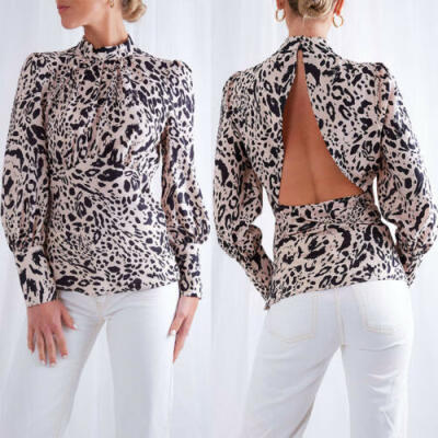 

Summer Women Loose Long Sleeve Blouse Casual Collar Backless Shirt Tops