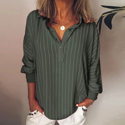 

Womens Casual Loose V-neck Tops Striped Print Loose Bat Sleeve Solid Color