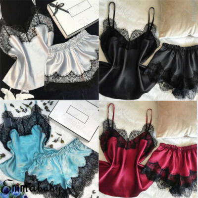 

2pcs Set Women Sexy Satin Lace Pajamas Set Camisole TopShorts Babydoll Lingerie