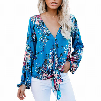 

Womens Shirt V-neck Long Sleeve Knot Print Retro Top