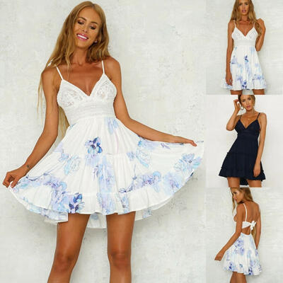 

Summer Sexy Halter Dress Women&39s V-neck Lace Short Dress Lady Ruffled Backless Mini Dresses Clothes -XL BlueWhite