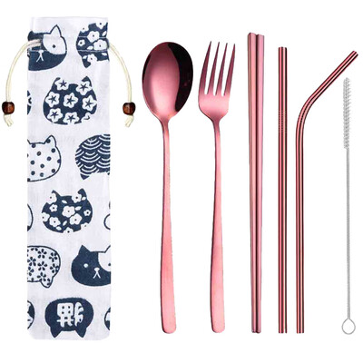 

Toponeto Stainless Steel Dinnerware Set Metal Straw Spoon Fork Chopsticks Tableware 6 Pcs
